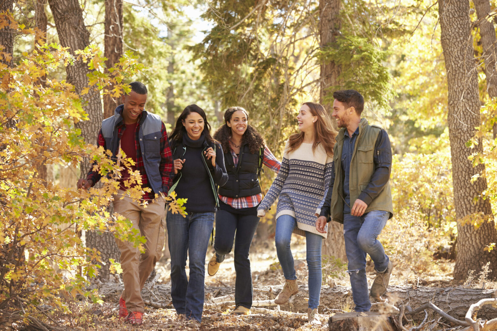 Friends walking through a forest trail on a sunny autumn day.